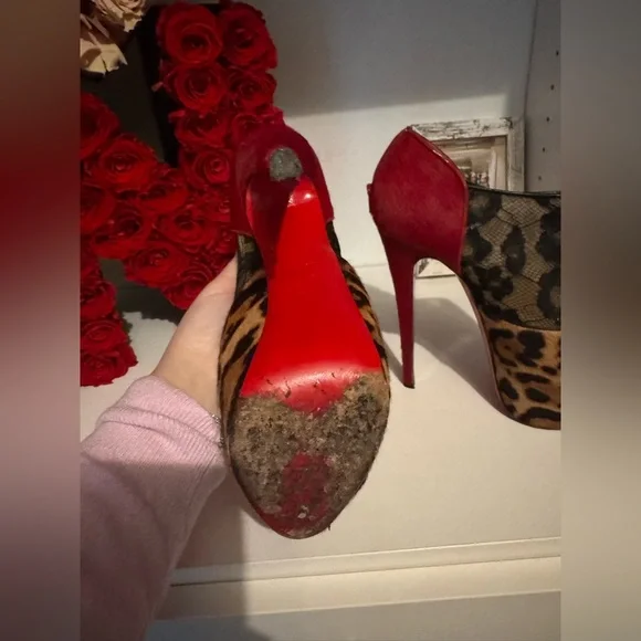 Christian Louboutin Leopard Print/Red Pony Hair and Black Lace Aeronotoc Booties - Picture 5 of 12